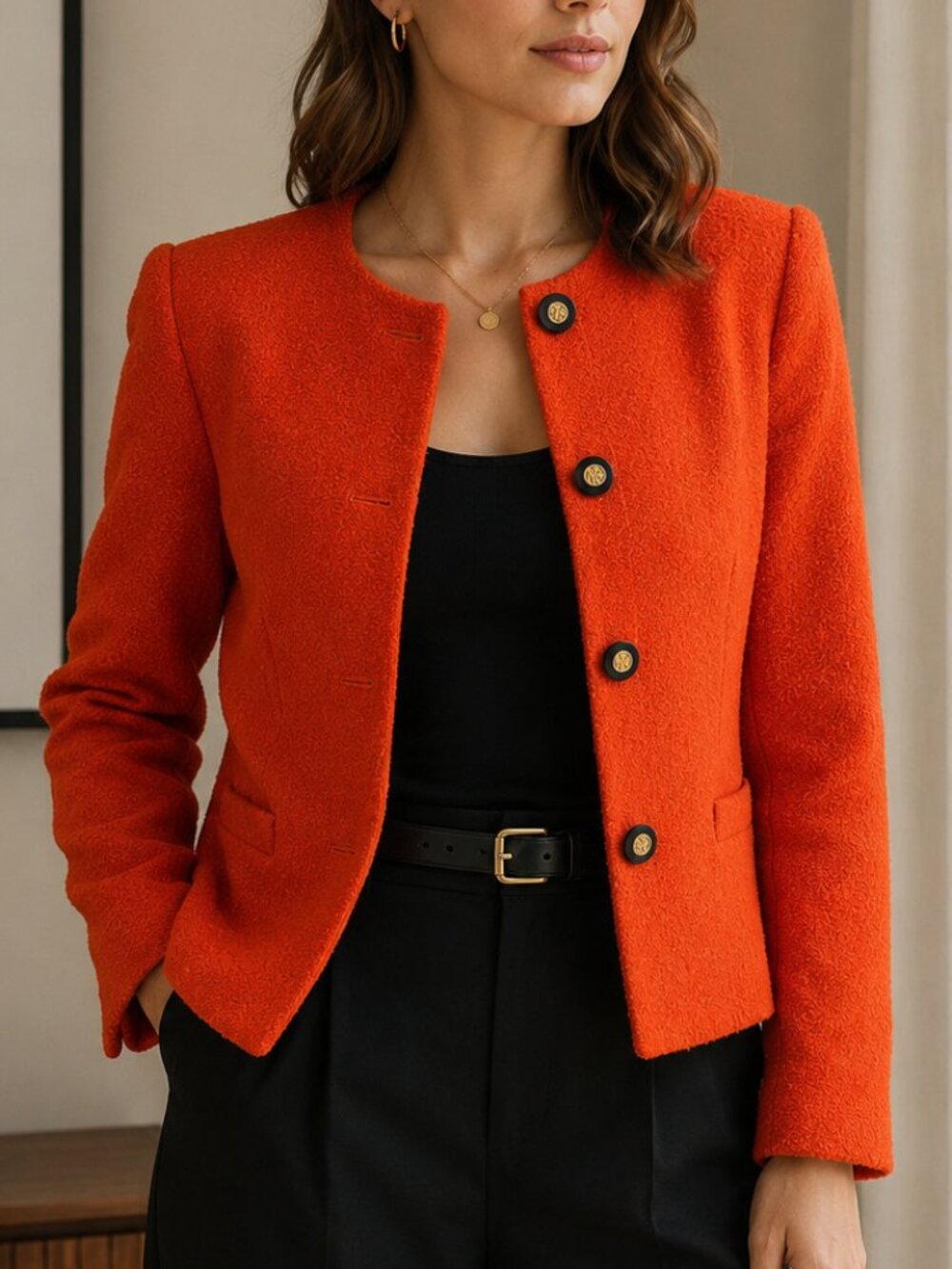 Vintage RENA ROWEN for SAVILLE Orange Wool Blend Bouclé Jacket Blazer Size 10
